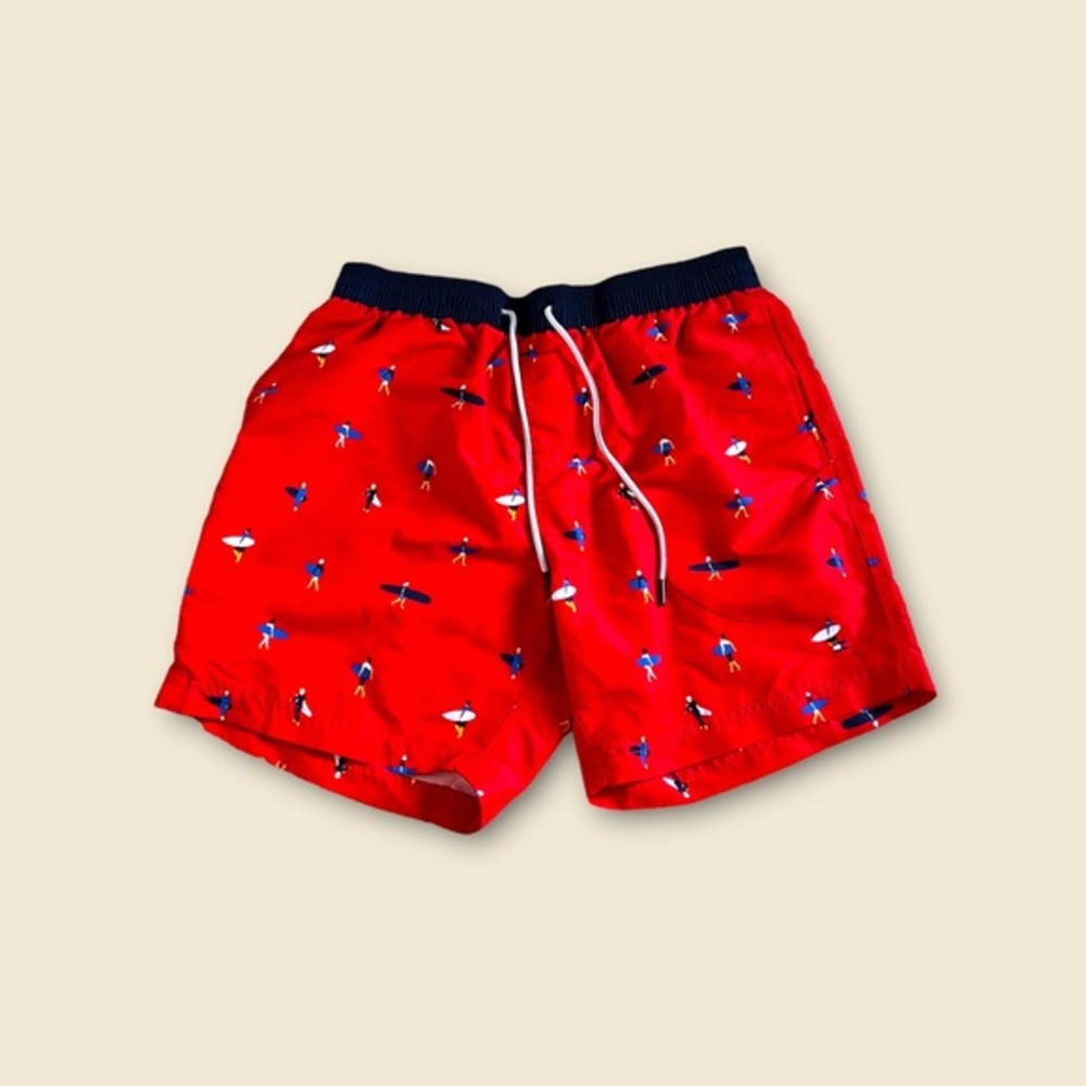 Tommy Bahama Swim Board Shorts Trunks Mens Sz L Red Surf Print Elastic Waist✅